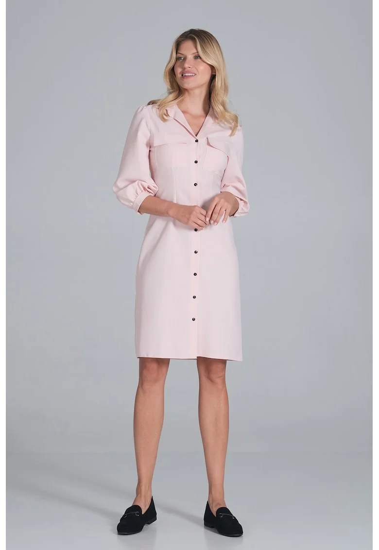 Rochie,  camasa, maneci bufante, roz, casual, poliester