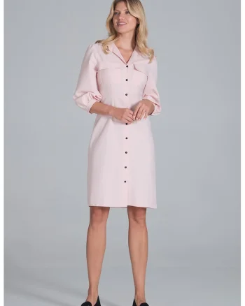 Rochie,  camasa, maneci bufante, roz, casual, poliester