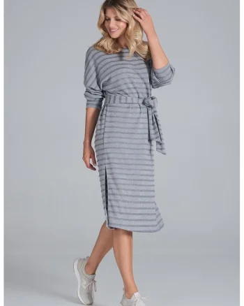 Rochie midi  gri cu dungi, maneci lungi, poliester,