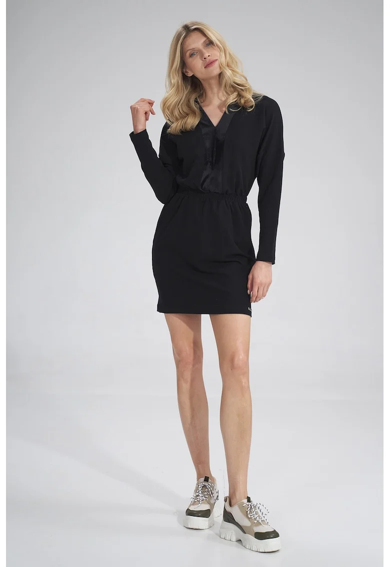 Rochie  M753, neagra, bumbac, decolteu in V, maneca lunga,