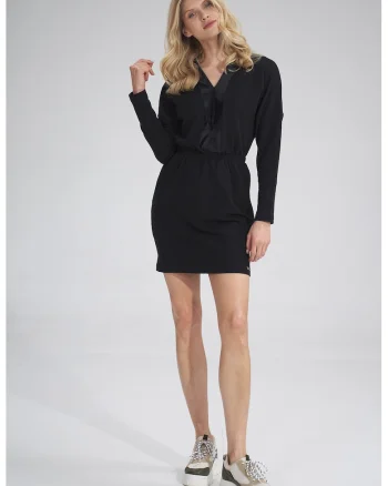 Rochie  M753, neagra, bumbac, decolteu in V, maneca lunga,