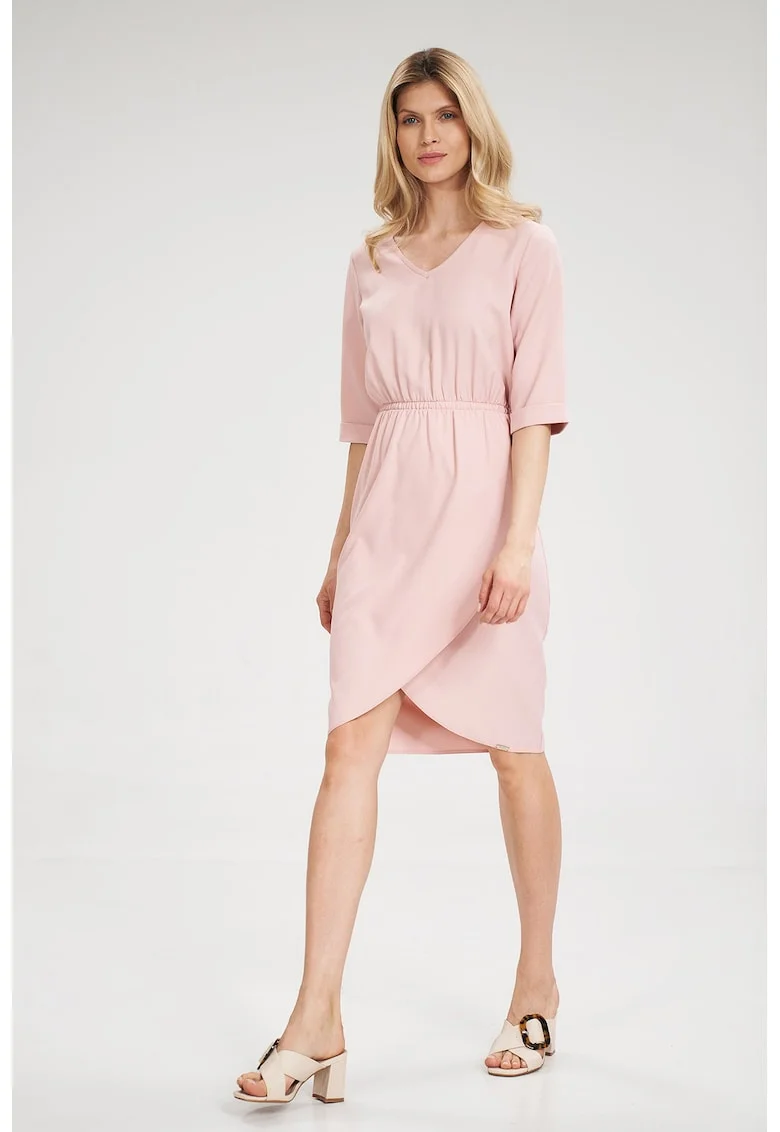 Rochie  roz, talie elastica, maneci scurte, poliester