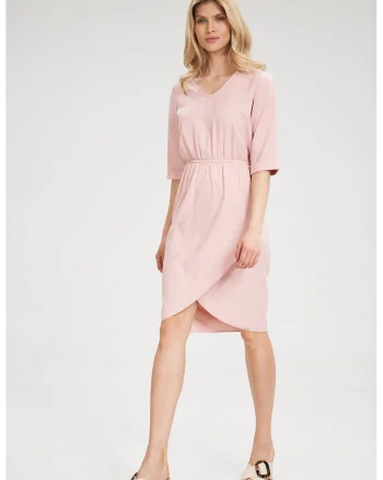 Rochie  roz, talie elastica, maneci scurte, poliester