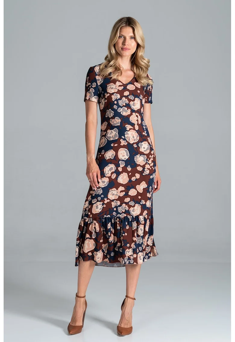 Rochie midi  colorata, cu model, maneci scurte, vara, viscoza