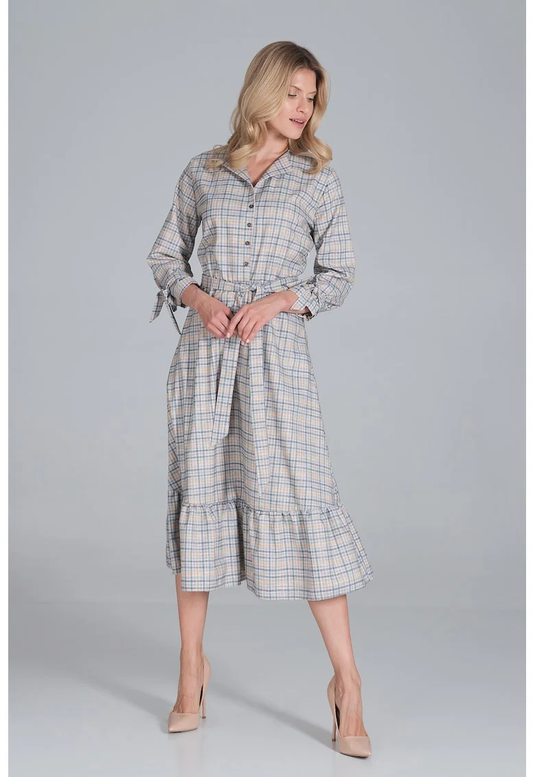 Rochie camasa  M840 Tipar 121, cu curea, croi evazat, bej, poliester 100%