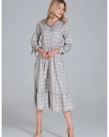 Rochie camasa  M840 Tipar 121, cu curea, croi evazat, bej, poliester 100%