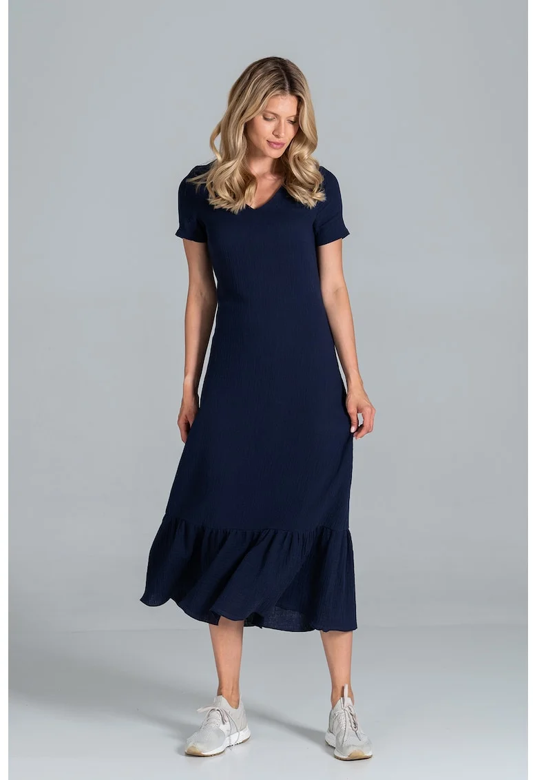 Rochie midi  volane, maneci scurte, bleumarin, bumbac