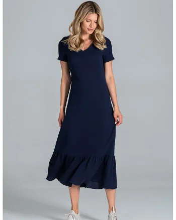 Rochie midi  volane, maneci scurte, bleumarin, bumbac