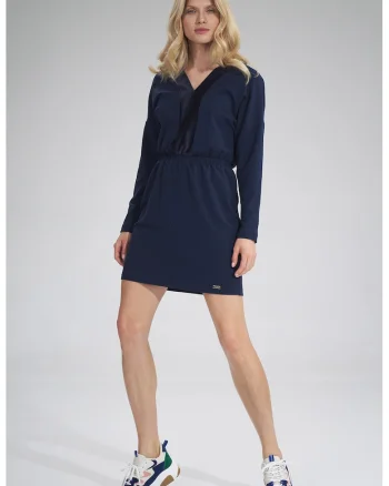 Rochie  M753, bleumarin, bumbac, maneca lunga,