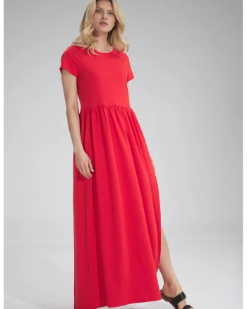 Rochie lunga  rosie, bumbac, cu fanta