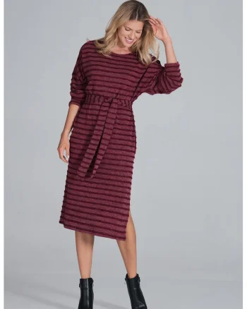 Rochie  midi cu dungi, maneci lungi, visiniu, poliester,