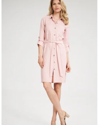 Rochie camasa,  roz, cu centura si buzunare, maneci 3/4, poliester