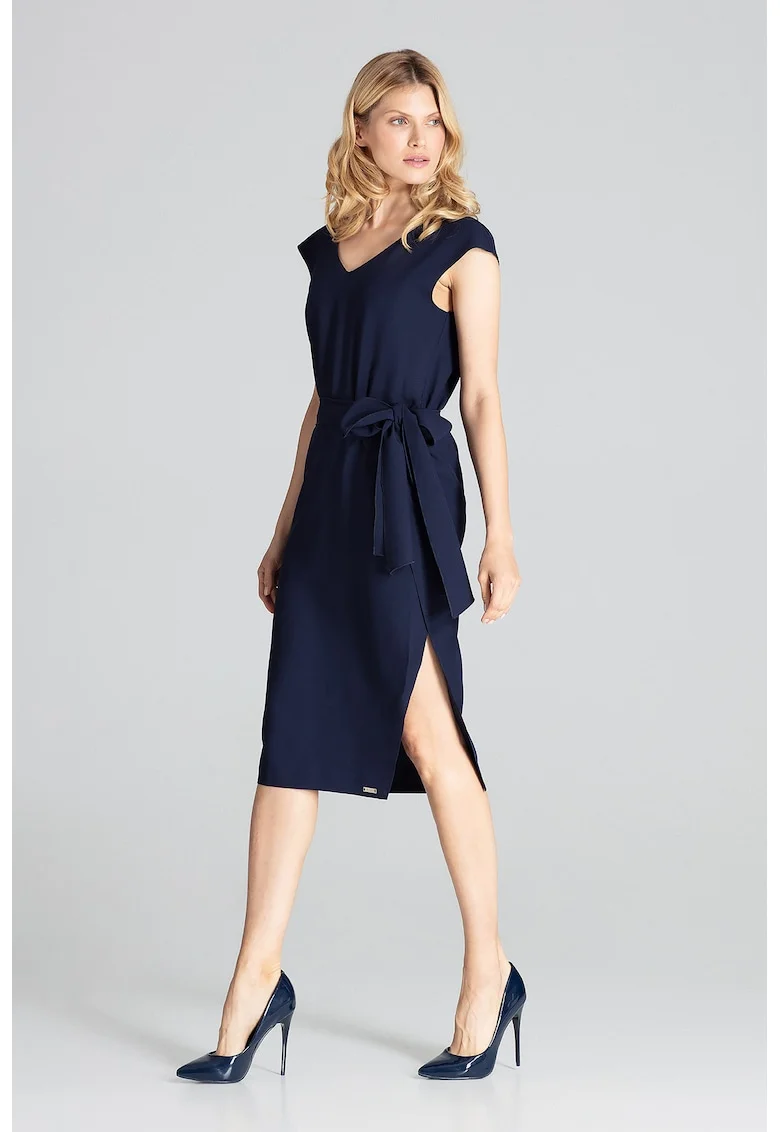 Rochie  eleganta, bleumarin, cu fundita, poliester