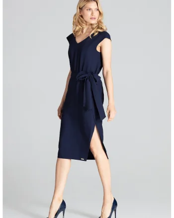 Rochie  eleganta, bleumarin, cu fundita, poliester
