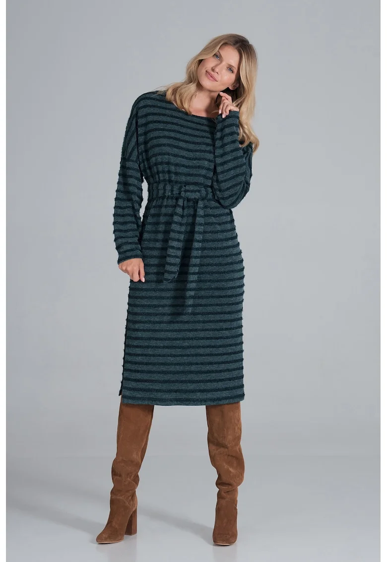 Rochie midi  verde cu dungi, tricotata, maneci lungi, poliester,