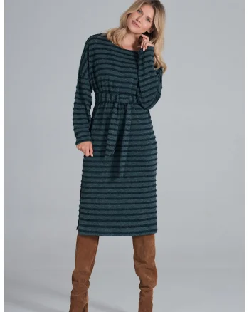 Rochie midi  verde cu dungi, tricotata, maneci lungi, poliester,