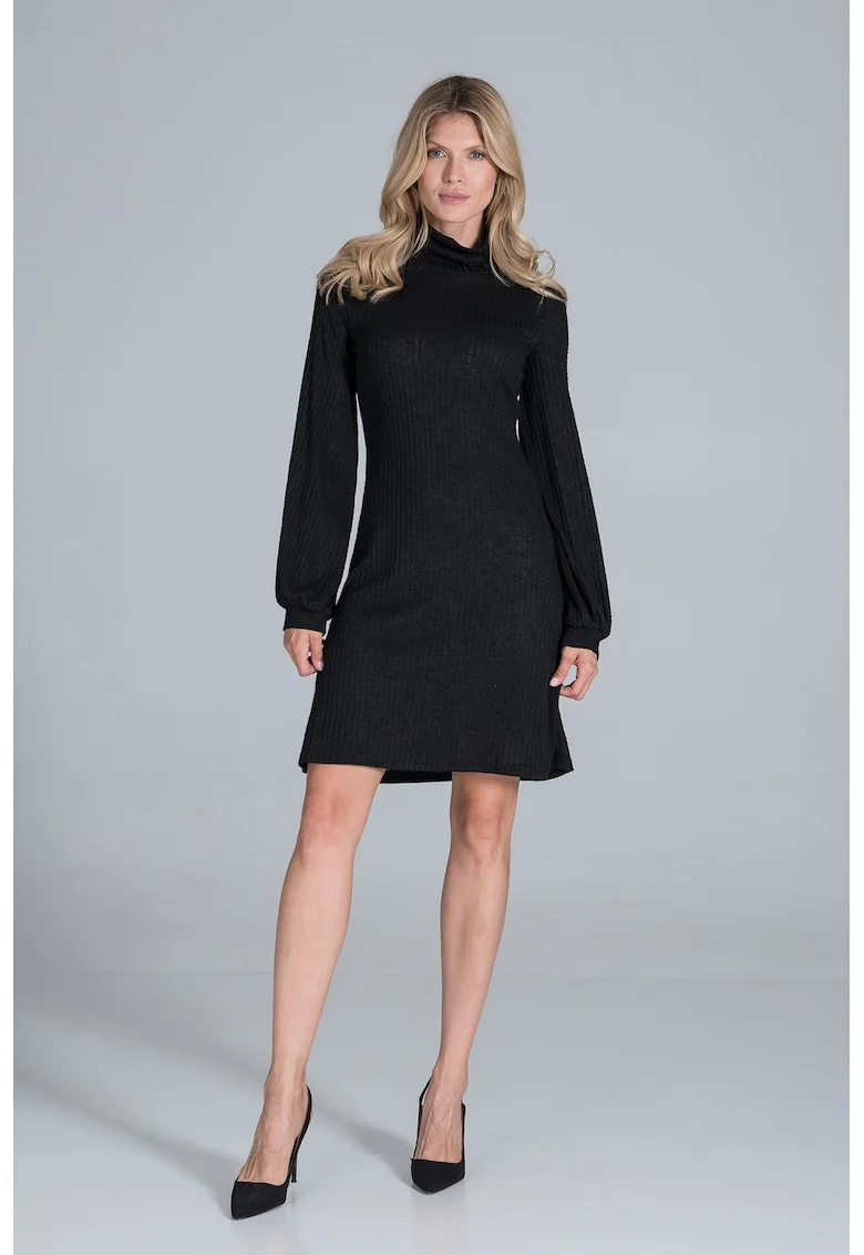Rochie neagra  M831, eleganta, cu maneci lungi bufante, 65% poliester, 30% viscoza