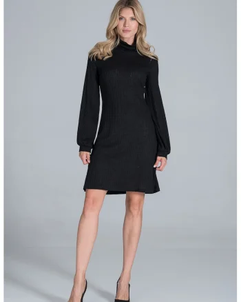 Rochie neagra  M831, eleganta, cu maneci lungi bufante, 65% poliester, 30% viscoza