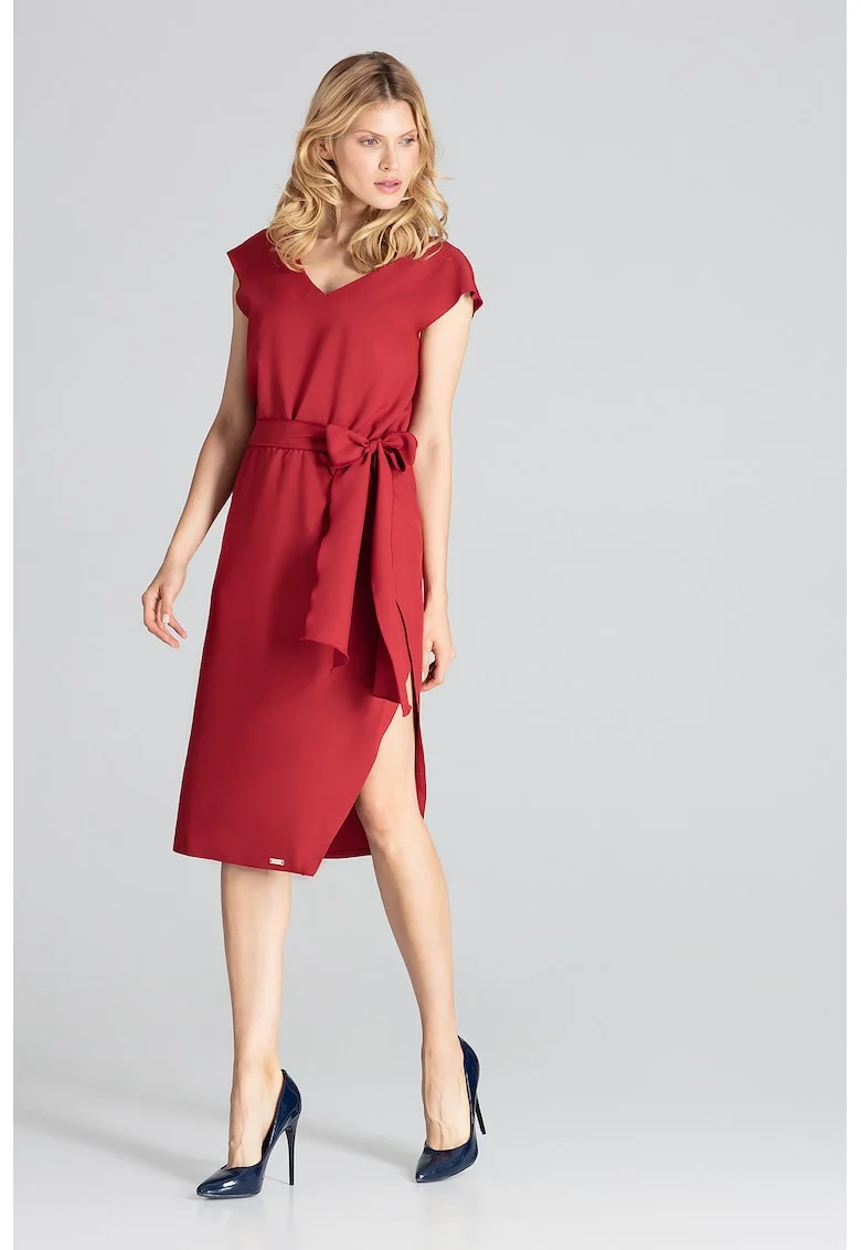 Rochie  eleganta, visiniu, cu fundita, poliester