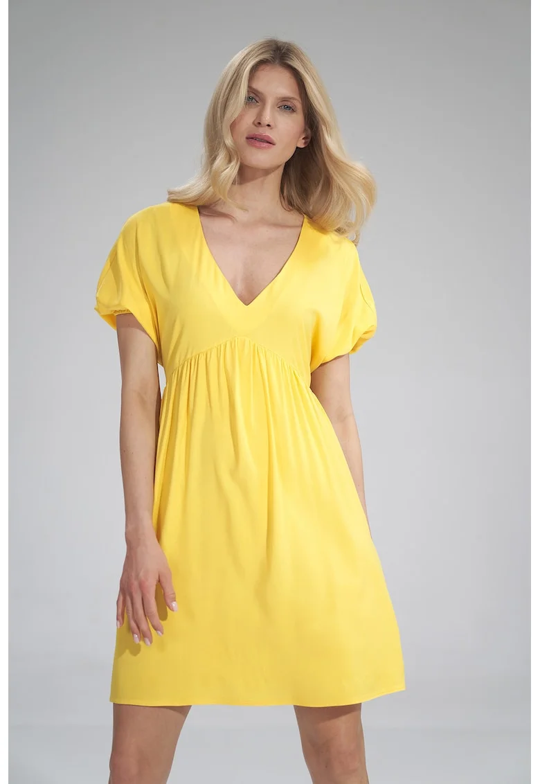 Rochie mini,  galben, decolteu in V, rochie de vara, viscoza