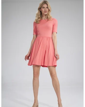 Rochie de vara,  maneca scurta, culoare coral, viscoza