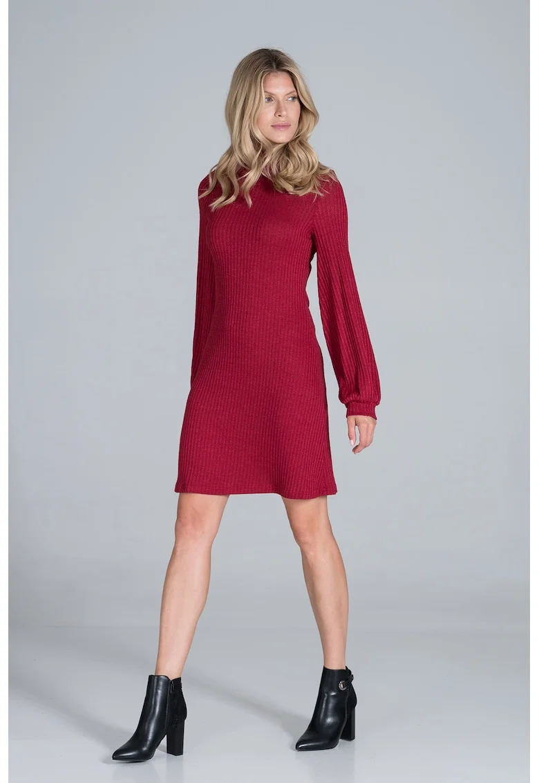 Rochie  rosie, cu maneci lungi bufante, poliester