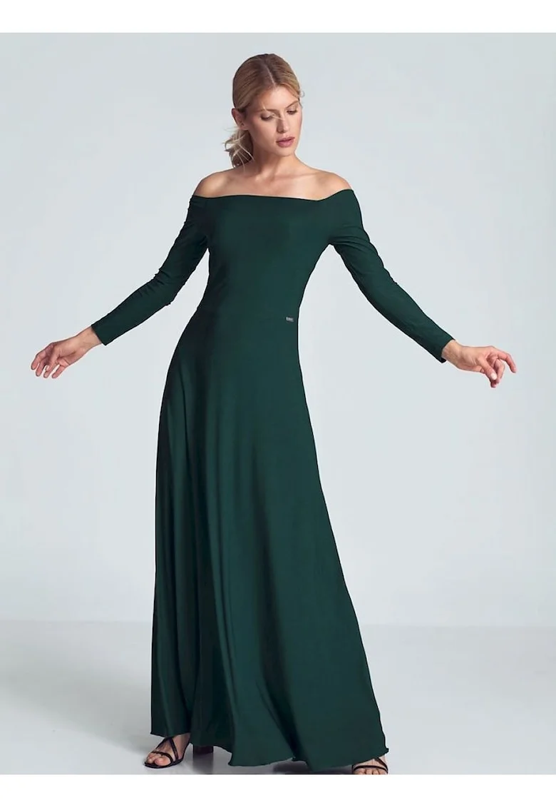 Rochie maxi  verde, cu maneci lungi, decolteu mare, pliuri in zona pieptului, cusuta in talie, elastan 5%, poliester 95%