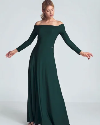 Rochie maxi  verde, cu maneci lungi, decolteu mare, pliuri in zona pieptului, cusuta in talie, elastan 5%, poliester 95%