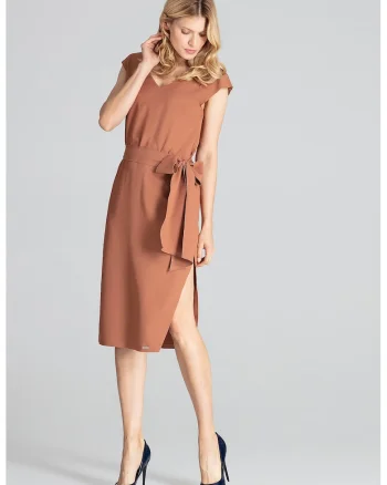 Rochie midi  M674, eleganta, maneci scurte, maro, poliester 100%,