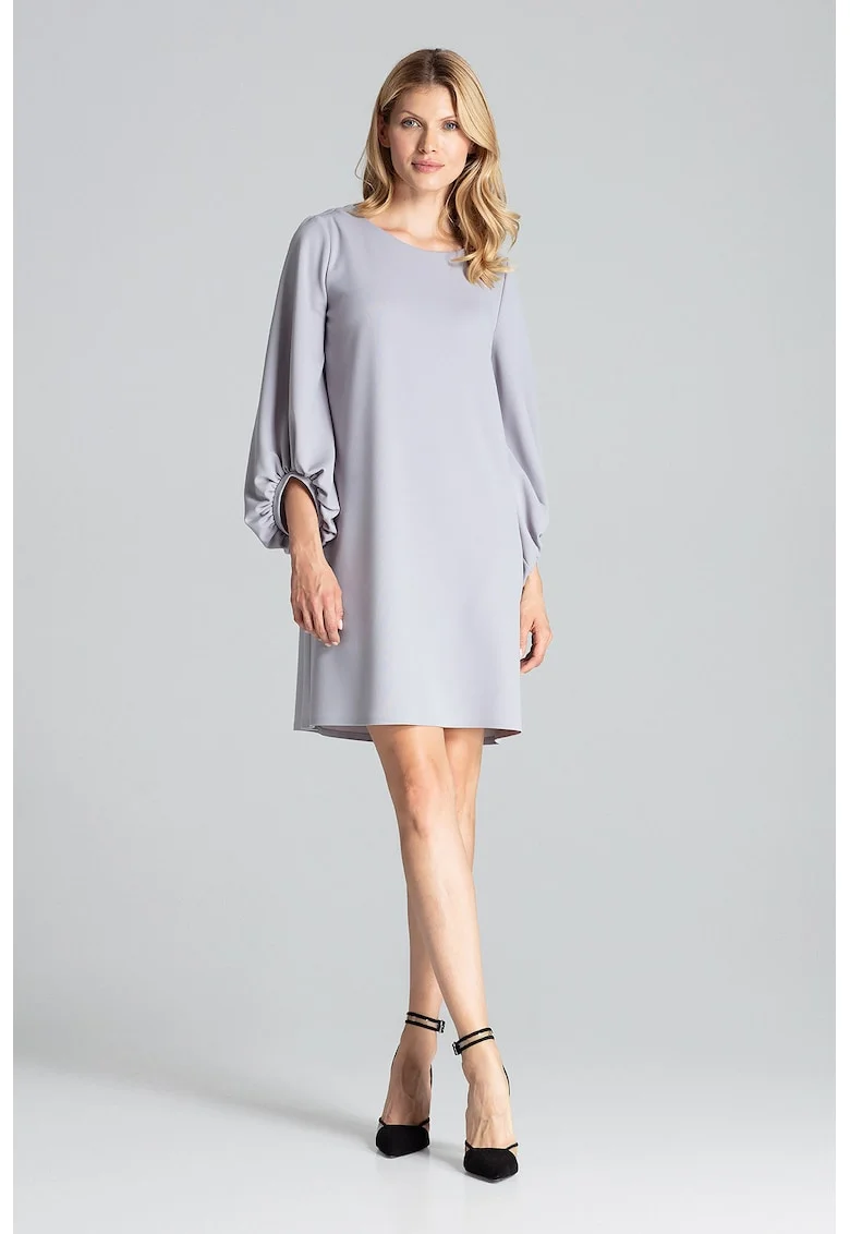 Rochie  M693, gri, maneci bufante, poliester-elastan