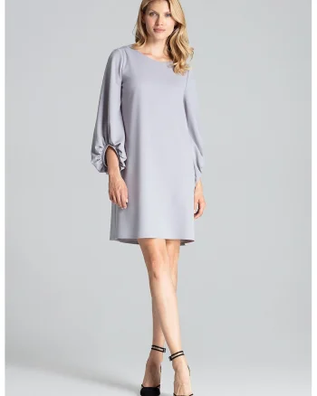 Rochie  M693, gri, maneci bufante, poliester-elastan