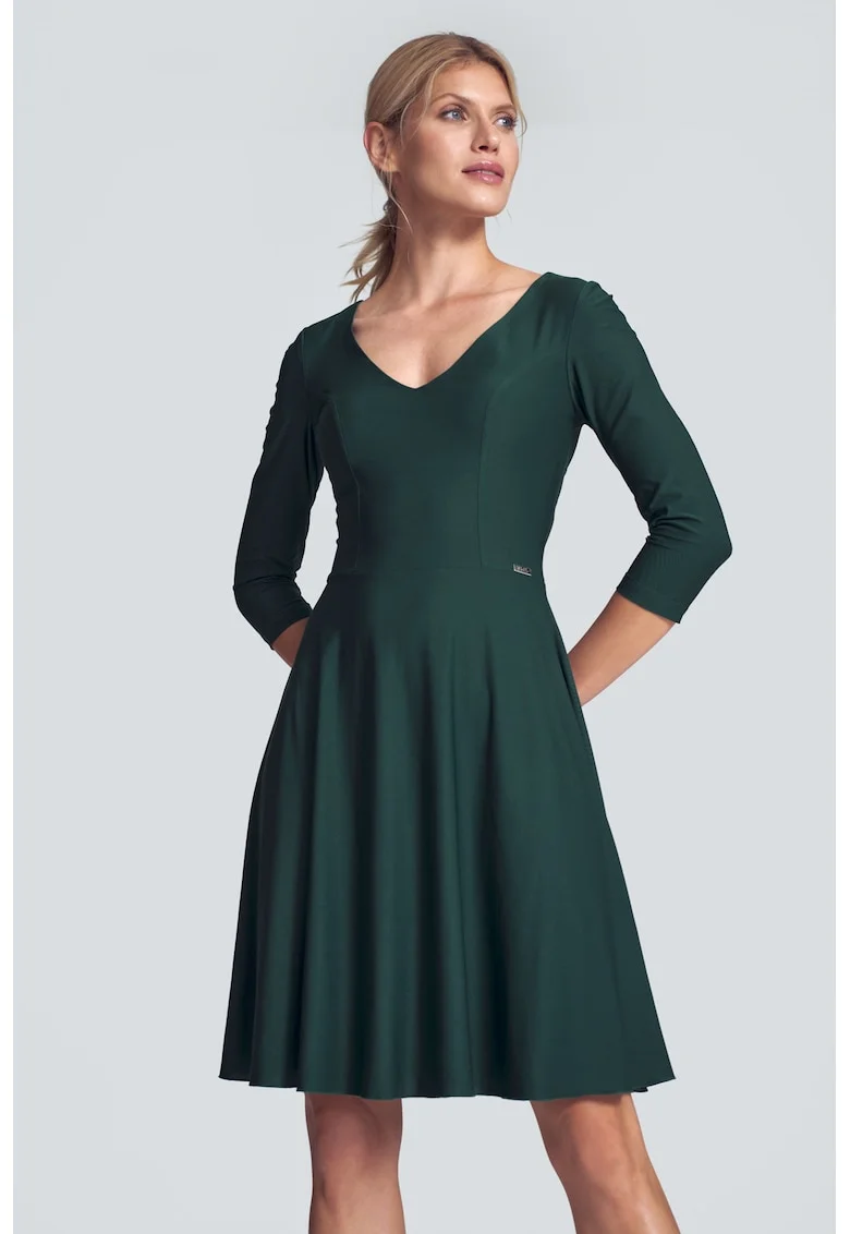 Rochie evazata  M709, verde, decolteu in V, maneci 3/4, viscoza