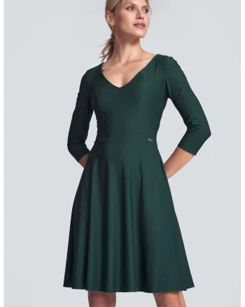Rochie evazata  M709, verde, decolteu in V, maneci 3/4, viscoza