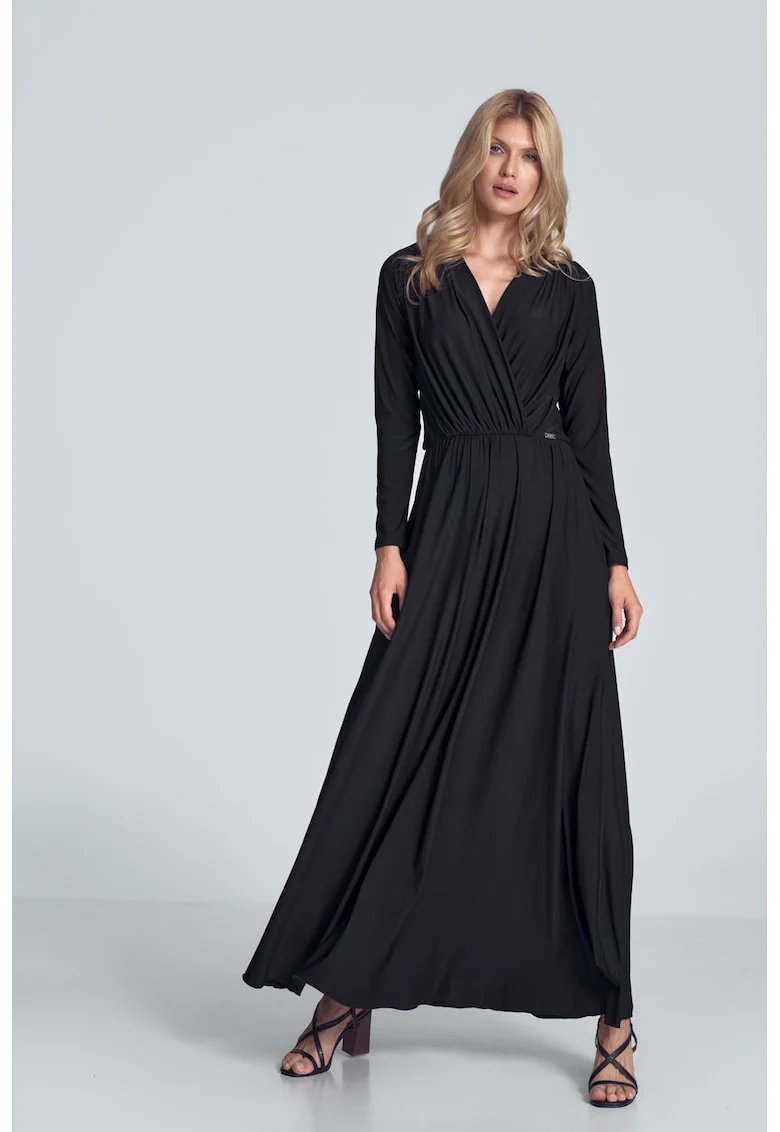Rochie maxi neagra  model M705, maneci lungi, negru, poliester