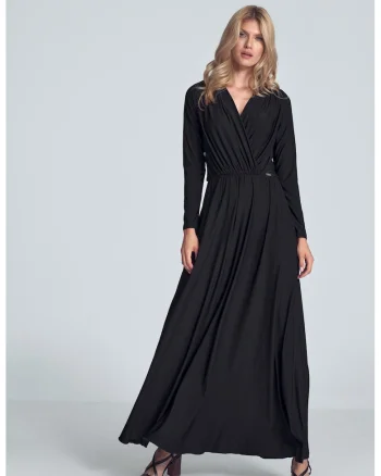 Rochie maxi neagra  model M705, maneci lungi, negru, poliester