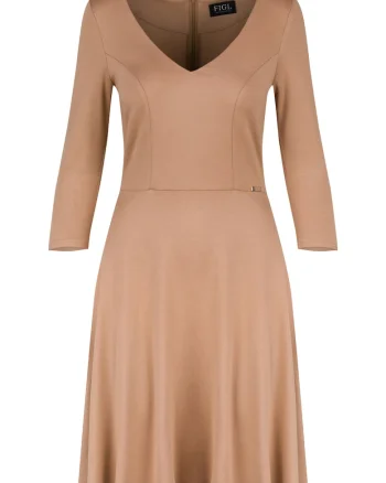Rochie  eleganta, bej, decolteu in V, maneci 3/4, viscoza
