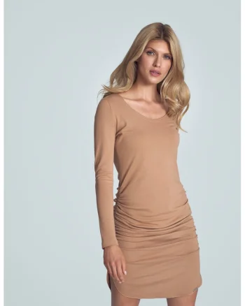Rochie scurta  bej, maneci lungi, viscoza