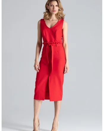 Rochie midi  rosie cu decolteu in V si curea, poliester 100%