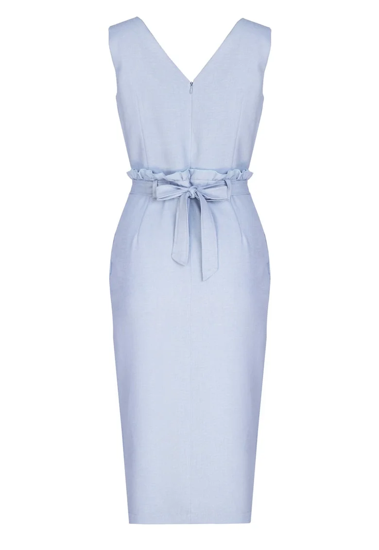 Rochie midi  albastra, cu curea, decolteu in V, din poliester,