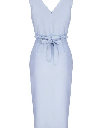 Rochie midi  albastra, cu curea, decolteu in V, din poliester,