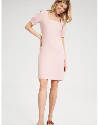 Rochie mini,  roz, decolteu patrat, maneci scurte, poliester