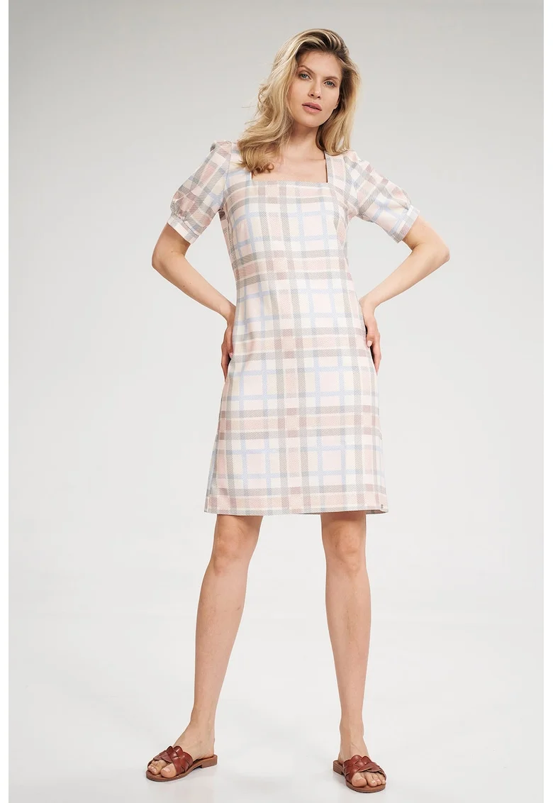 Rochie de vara  M704, ecru cu accente multicolore, poliester, decolteu patrat, maneci scurte