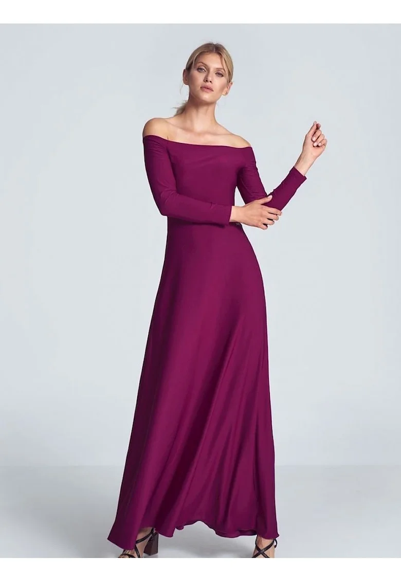 Rochie maxi  fuchsia, cu maneci lungi, decolteu mare, pliuri la piept, elastan 5%, poliester 95%