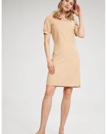 Rochie mini  decolteu patrat, maneci scurte, bej, poliester