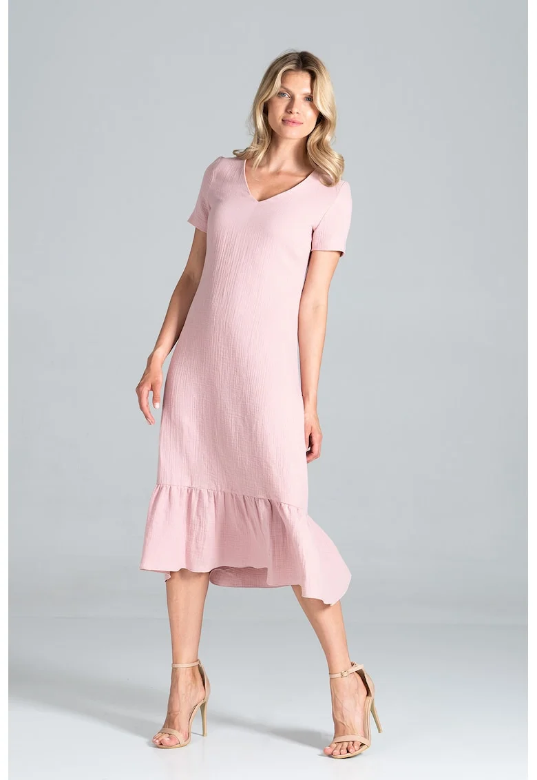 Rochie midi,  volane, roz, muselina, bumbac