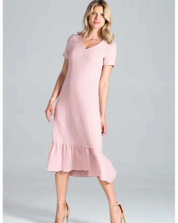 Rochie midi,  volane, roz, muselina, bumbac