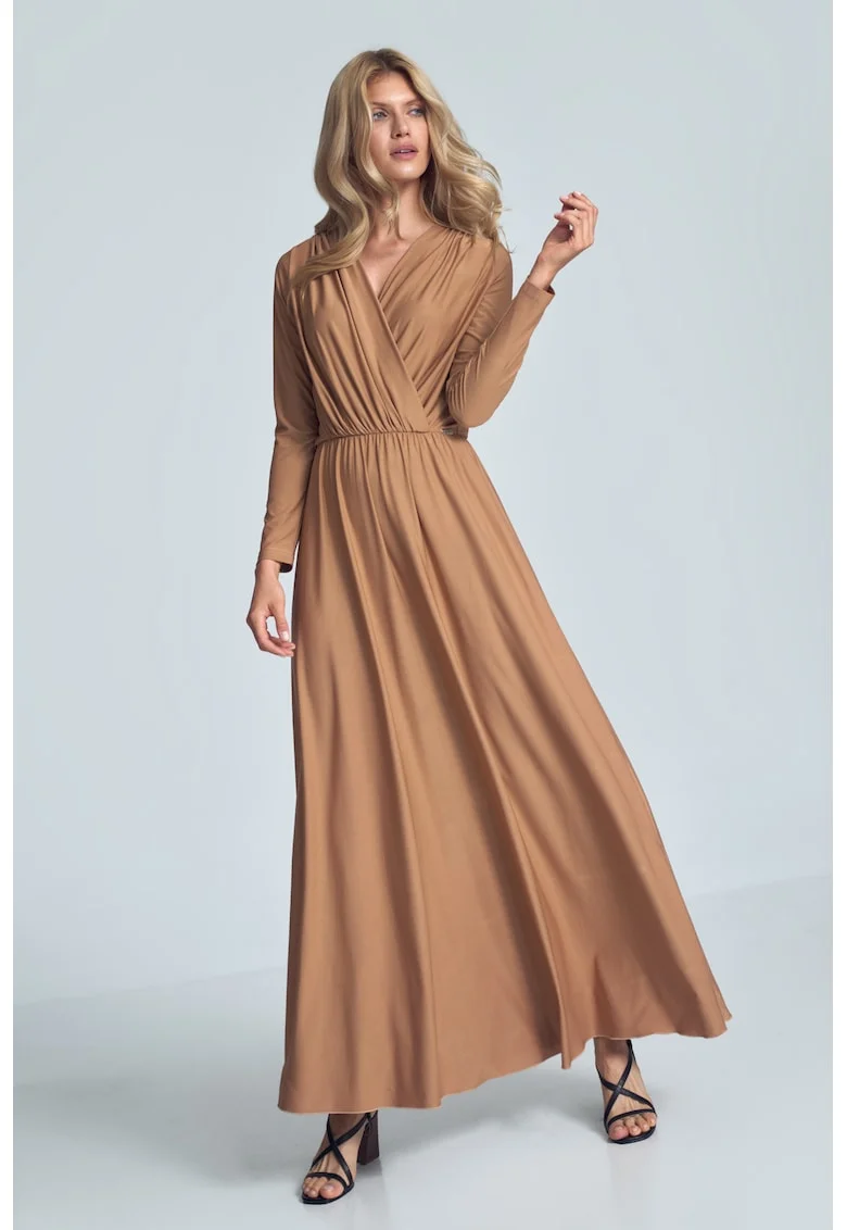 Rochie maxi  bej, maneci lungi, decolteu plic, poliester