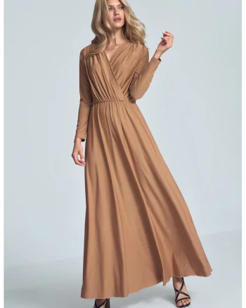 Rochie maxi  bej, maneci lungi, decolteu plic, poliester