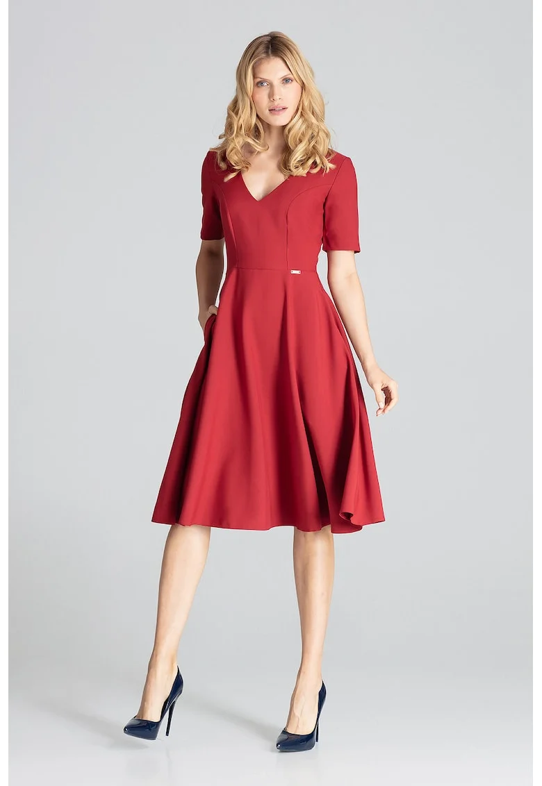 Rochie midi  M673 rosie, maneci scurte, confortabila, poliester 100%,