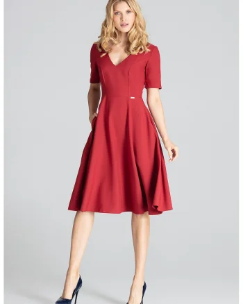 Rochie midi  M673 rosie, maneci scurte, confortabila, poliester 100%,